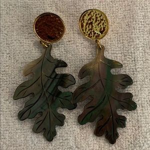 Nest grey mother of pearl carved leaf earrings